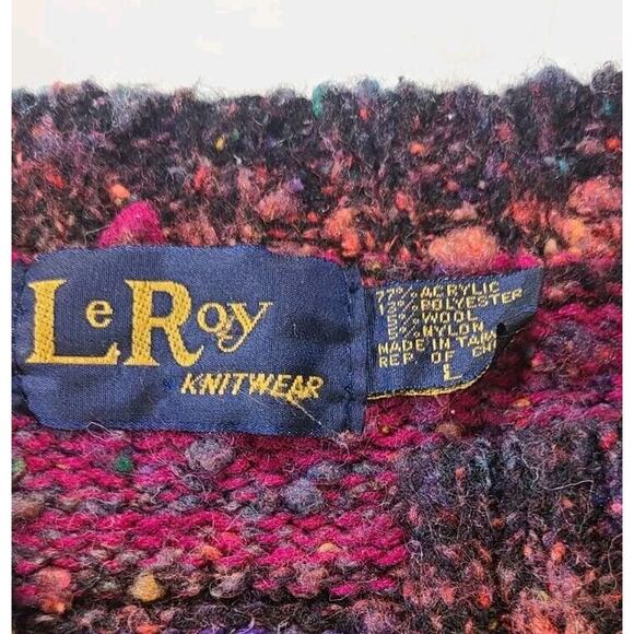 Vintage 80s Leroy Knitwear Chunky Knit Open Cardigan Sz LG Jewel Tones Cozycore - Picture 4 of 11